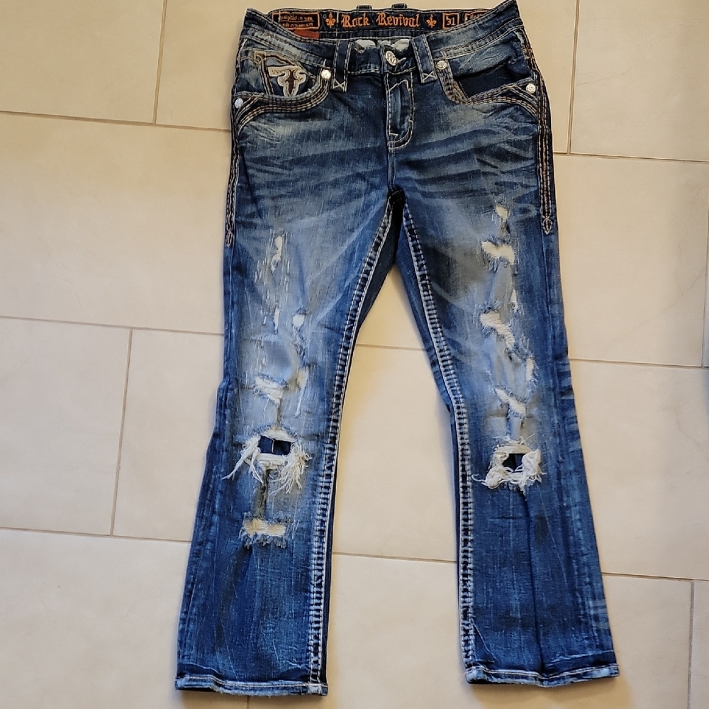 Men's 31 Waist Rock Revival Distressed Blue Boot Cut Jeans